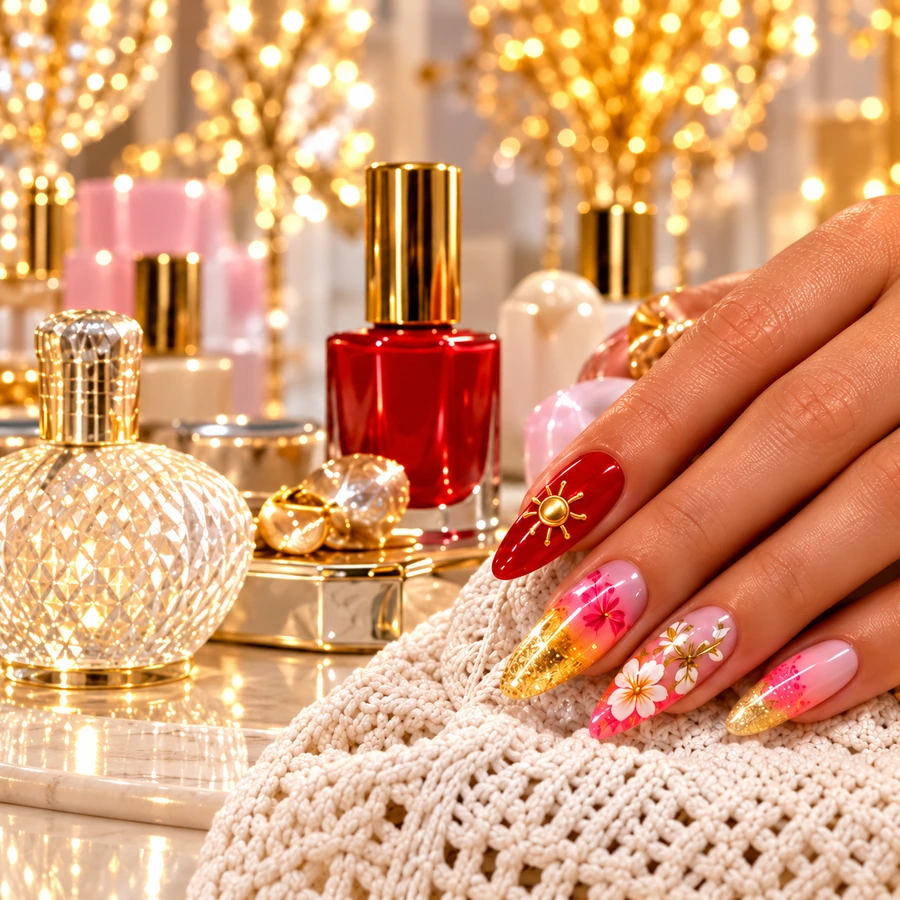 A sunset-inspired manicure beside ruby polish, gold-capped bottles and sparkling glass on cream crochet.