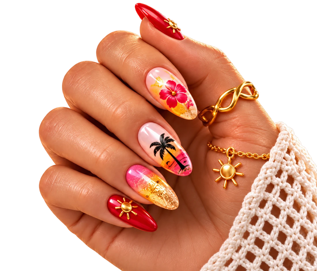 Glossy red sun nails, pink hibiscus and sunset palm nail art, with gold jewelry.